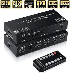 JAENFONG 4K 60Hz HDMI 2.0 Switch 4 in 1 Out with Audio Extractor (HDMI, 3.5mm AUX,Toslink Audio Out) and ARC, Support Remote/Auto Switching/HDCP2.2/1080P/3D, HDMI Splitter for TV 4K Home Theater