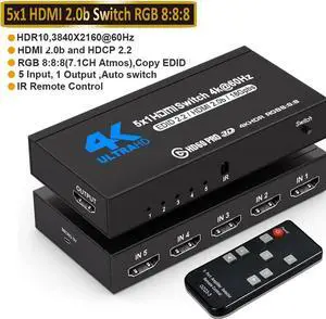 JAENFONG 4K HDR 5 in 1 Out HDMI Switch, 5 Ports 4K 60Hz HDMI 2.0 Switcher Selector with IR Wireless Remote, Supports UltraHD Dolby Vision, High Speed(Max to 18.5Gbps), HDR10, HDCP 2.2 & 3D, OZQ3-4