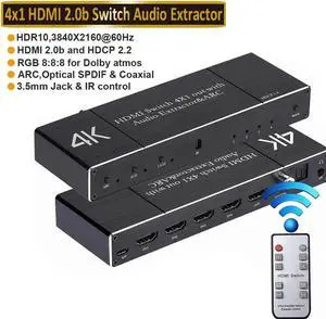 4K @ 60Hz 4 in 1 Out HDMI Switcher with Audio Extractor and IR Remote for PS4/PC/DVD/Security Camera, Optical + 3.5mm AUX + Coaxial Output, Support ARC , 3D, 1080P @120Hz, 4Kx2k @60Hz HDTV, OZQ7