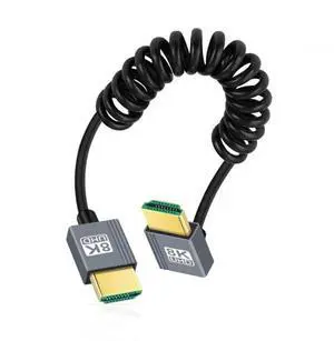 JAENFONG  Cable HDMI 2.1 Male to HDMI Male 8K 60hz Stretch Coiled Cable Down Angled 90 Degree for HDTV Computer Laptop Monitor