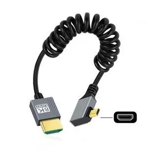 JAENFONG  Cable Micro HDMI 2.1 Male to HDMI Male 8K 60hz Stretch Coiled Cable Right Angled 90 Degree for HDTV Camera Laptop Monitor