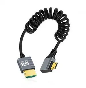JAENFONG  Cable Mini HDMI 2.1 Male to HDMI Male 8K 60hz Stretch Coiled Cable Left Angled 90 Degree for HDTV Computer Laptop Monitor