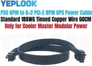 6Pin to 8Pin 6+2Pin PCI-E GPU Power Cable ForCooler Master V850, V1000, V1200, Silent Pro Gold 1200W Modular Power, 18AWG 60 CM