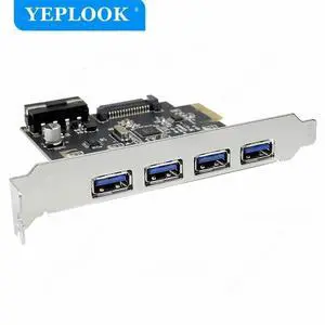 PCIe to 4 Port USB3.0 Expansion Card with 19Pin+SATA Dual Power Connector PCIe X1 Adapter Riser Converter USB 3.0 HUB VL805 Chip