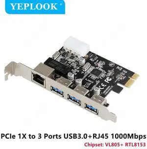 PCIe 1x to 3 Ports USB3.0 + RJ45 1000Mbps LAN Gigabit Ethernet Network Card with 4Pin Power Supply Connector for Desktop PC