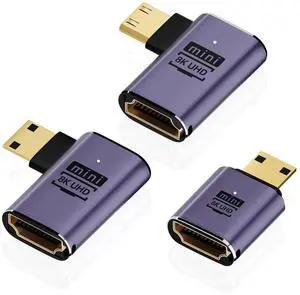 JAENFONG  8K Mini HDMI to HDMI Adapter (3 Pack), 90 Degree Left and Right Angle Mini HDMI Male to HDMI Female Cable for Raspberry Pi Zero, DSLR Camera, Camcorder, HDTV, Projector, Laptop and Tablet