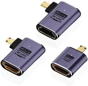 JAENFONG  8K Micro HDMI to HDMI Adapter (3 Pack), 90 Degree Left and Right Angle Micro HDMI Male to HDMI Female Cable for Sony A6000, Raspberry Pi 4, GoPro Hero 7 and Other Sport Camera