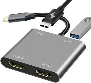 JAENFONUSB C to Dual HDMI Adapter for Monitor, USBC Laptop Docking Station Dual Monitor Dongle MacBook, USB-C Hub Powered Mac, USB 3.0 to USB C Adapter Cable with Fast Charging Chromebook, Type C Dock