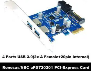 JAENFONG  4 Port PCIE PCI-e to USB 3.0 (2 x Type A+ 20 Pin Internal) Expansion Card Hub Controller PCI Express Card Adapter w/ SATA Power