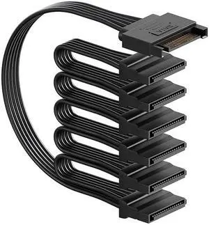 JAENFONG sata Power Splitter Cable 6 Way, 15 Pin SATA to 6 for HDDSSDOptical Drives, sata Power Connector Supply Extension Cable, Black