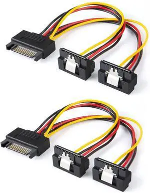 JAENFONG SATA Power Cable, [2-Pack] 6-Inch SATA 15 Pin Male to 2xSATA 15 Pin Down Angle Female Power Splitter Cable
