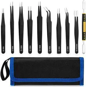 JAENFONG  10 Pcs Precision Tweezers Set, Premium Craft Tweezers Kit, Stainless Steel Electronic ESD Tweezers,Anti-Static Tweezers