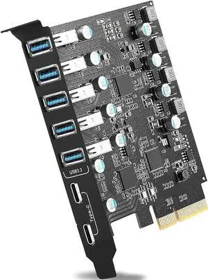7 Port USB 3.2 PCIE Expansion Card, 10Gbps High Speed Transmission Stable Power USB 3.2 Front Expansion Card, 7 External USB3.2 Ports (2X USB C - 5X USB A)