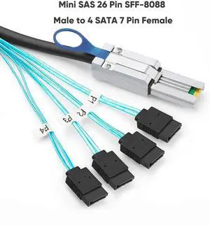 JAENFONG Mini SAS 26Pin (SFF-8088) Male to 4 SATA 7Pin Female Cable, Mini SAS Host/Controller to 4 SATA Target/Backplane, 1M / 3.3FT JAENFONG Mini SAS 26Pin (SFF-8088) Male to 4 SATA 7Pin Female Cable, Mini SAS Host/Controller to 4 SATA Target/Backplane, 1M / 3.3FT