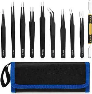 JAENFONG  10 Pcs Precision Tweezers Set, Premium Craft Tweezers Kit, Stainless Steel Electronic ESD Tweezers,Anti-Static Tweezers