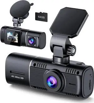 JAENFONG  4K Dual Dash Cam Front and Inside, 2160P+1080P IR Night Vision Cabin Car Camera with 64GB Memory Card, Wide Angle Mini Dash Camera Car Video with Parking Mode for Taxi