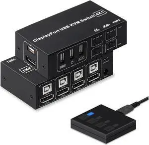 JAENFONG 4 Port DisplayPort KVM Switch 3D UHD 4K@60Hz 4 in 1 Out USB and DP KVM Switcher for 4 PCs Share Keyboard Mouse Monitor and USB 2.0 Devices, with 4 USB Cables JAENFONG 4 Port DisplayPort KVM Switch 3D UHD 4K@60Hz 4 in 1 Out USB and DP KVM Switcher for 4 PCs Share Keyboard Mouse Monitor and USB 2.0 Devices, with 4 USB Cables