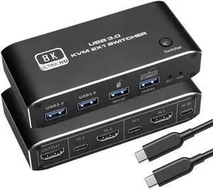 JAENFONG  8K HDMI2.1 KVM Switch, 2 in 1 Out,for 2PC Share 1 Monitor and One Keyboard Mouse and two USB3.0 Port, 8K@60Hz,hotkey,Support RGB 8:8:8,One-button switch/Hotkey switch,Dynamic HDR,VRR etc