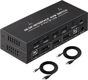 JAENFONG  DisplayPort KVM Switch 2 Port 4K@60Hz 2 in 1 Out DP 1.2 and USB Switch for 2 Computers Share 1 Keyboard Mouse Monitor for Laptop, PC Supports with 4 USB 2.0 Ports, 2 USB KVM Cables 1.5m(5ft)