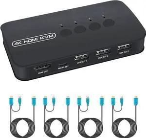 JAENFONG  KVM Switch 4 Ports, HDMI USB Selector for 4 Computers Share Keyboard Mouse Printer and One HD 4K Monitor, Including 4 KVM Cables