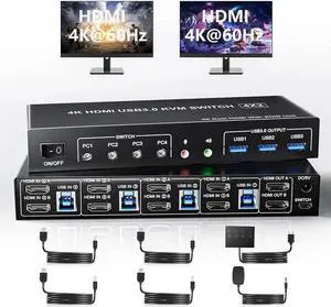 JAENFONG  USB 3.0 HDMI KVM Switch 4 Computers, Supports EDID, 4K@60Hz Dual Monitor HDMI KVM Switches for 4 PCs with 3 USB 3.0 and Audio Microphone Ports, 4 Port HDMI KVM Switch 4 in 2 Out for 4PCs