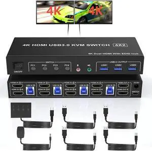 USB 3.0 HDMI KVM Switch 2 Monitors 4 Computers, 4K@60Hz HDMI Dual Monitor KVM Switch for 4 PCs with Audio Output and 3 USB 3.0 Ports, 4 Port HDMI KVM Switch Input Supports EDID Emulators