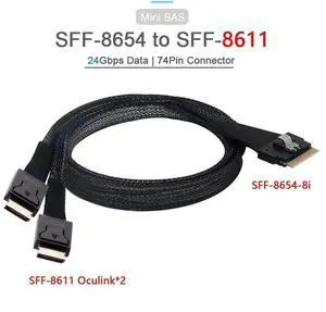 JAENFONG PCI-Express SFF-8654 8i 74Pin to Dual Oculink SFF-8611 PCI-E Ultraport Slimline SAS Slim 4.0 Cable 50cm