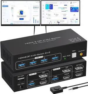 HDMI Displayport KVM Switch 2 Monitors 2 Computers 4K @120hz 8K @60hz, USB Dual Monitor DP+HDMI kvm switcher for Two Computers Share 4 USB 3.0 Ports and Two Monitors with External Wired Controller