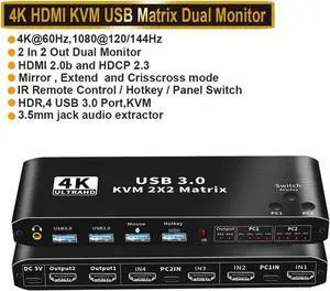 JAENFONG  4K@60Hz HDMI Matrix KVM Switch with USB 3.0 2 in 2 Out, 2 Port KVM Switch for 2 Computers 2 Monitor, 2 PCs Share Dual Monitor, 1 Set of Keyboard, Mouse, Printer for Mac, Windows