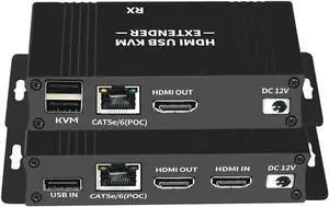 HDMI KVM USB Extender 1080P 60Hz, HDMI KVM USB Extender Over Cat5/6 Ethernet Cable Signal Extension to 196FT/60M Support USB Keyboard Mouse Plug & Play (Transmitter and Receiver)