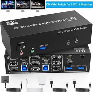 8K@60Hz Displayport KVM Switch 3 Monitors 2 Computers 4K@144Hz, DP USB 3.0 KVM Switch Triple Monitor for 2 PCs Share 3 Monitors, RJ45 Ethernet Splitter 1 to 2, Audio Mic Port and 3 USB 3.0 Port