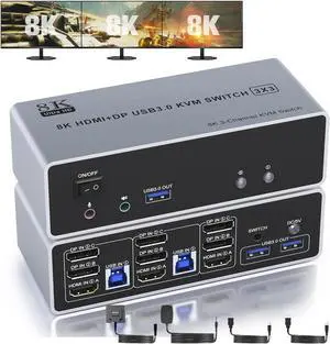 KVM Switch 3 Monitors 2 Computers 8K@60Hz 4K@144Hz, HDMI + 2 Displayport Triple Monitor KVM Switch for 2 PC Share 3 Monitor, Audio Mic Port and 3 USB 3.0 Devices Support Extended and Copy Mode KVM Switch 3 Monitors 2 Computers 8K@60Hz 4K@144Hz, HDMI + 2 Displayport Triple Monitor KVM Switch for 2 PC Share 3 Monitor, Audio Mic Port and 3 USB 3.0 Devices Support Extended and Copy Mode