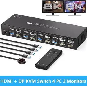 [Dual Monitor] Displayport HDMI KVM Switch 4 Computers 2 Monitors 8K@60Hz HDMI 2.1 + Displayport 1.4 USB 3.0 KVM Switch for 4 PC Sharing 2 Monitor and 4 USB 3.0 Devices with IR Remote Control