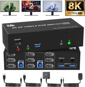 8K@60Hz KVM Switch 3 Monitors 2 Computers 4K@144Hz, DP 1.4 8K Displayport Triple Monitor KVM Switch for 2 Computer Share 3 Monitor, Audio Mic Port and 3 USB3.0 Devices, Wired Remote, 5V Adapter