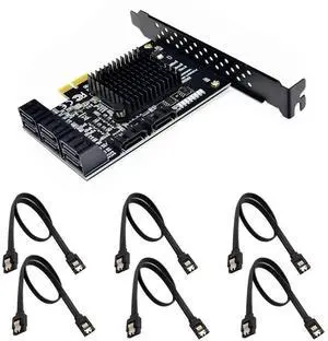 JAENFONG  8 Ports SATA 3.0 to PCIe Expansion Card Adapter Converter with 6 SATA Cables Low Profile Bracket Boot As System Disk for Marvell 88SE9215 Chip with Heat Sink HDD (6*Black Straight Cable)