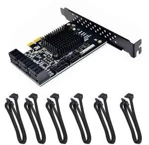 JAENFONG 8 Ports SATA 3.0 to PCIe Expansion Card Adapter Converter with 6 SATA Cables Low Profile Bracket Boot As System Disk for Marvell 88SE9215 Chip with Heat Sink HDD (6*Black 90 °Cable)