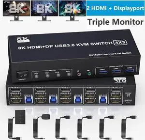 KVM Switch 3 Monitors 4 Computers 8K@60Hz 4K@144Hz, 2 HDMI +1 DisplayPort Triple Monitor KVM Switch for 4 Computer with Audio and 3 USB 3.0 Ports, USB 3.0 KVM Triple Monitor Keyboard Mouse Switcher