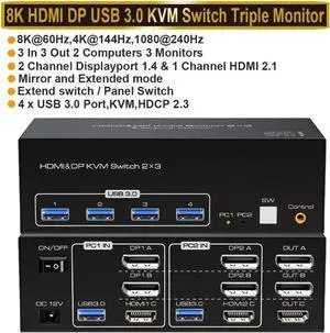 8K 2 Displayport + HDMI USB 3.0 KVM Switch 3 Monitors 2 Computers, 8K@60Hz 4K@144Hz 2 Displayport + HDMI Triple Monitor KVM Switch with 4 USB 3.0 Ports, KVM Triple Monitor Keyboard Mouse Switcher