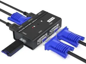 MT-VIKI VGA KVM Switch, 2 Port USB VGA KVM Switch for 2 Computers Share 1 Monitor Keyboard Mouse Printer, + 2 KVM Cables