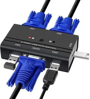 VGA USB KVM Switch, 2 Port VGA KVM Switcher Selector with Cables for 2PC Sharing 1 Video Monitor and 3 USB Devices Keyboard Mouse Printer Scanner
