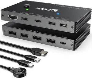 USB-C KVM Switch, 2 Ports KVM Type-C Switcher Box Support 4K@60Hz for 2 Computers Share Keyboard Mouse and Monitor, Suppprt 87W PD Fast Charging