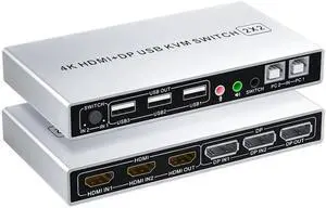 JAENFONG  DP Plus HDMI KVM Switch for 2 Computers in 2 Monitors Out, Vszerda 4k@60hz Dual Monitor KVM Switch Support HDMI + DP in to HDMI + DP Out