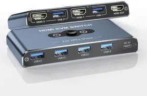 KVM Switch, KVM Switch 1 Monitors 2 Computers, HDMI Switch, 4K@60Hz KVM Switches for 2 Computers Sharing 1 Monitor, 4 USB 3.0 Devices Such as Keyboard, Mouse, Printer, Scanner(Grey)