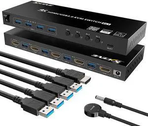 KVM HDMI Switch 4 Ports, USB 3.0 KVM Selector Box with EDID Emulator Support 4K@60Hz Resolution for 4 Computers Share Mouse Keyboard and Monitor