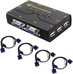 4 Port VGA KVM Switch with USB Hub and Audio Support Wireless Keyboard Mouse Connection and Push Button Switching Function