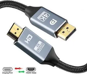 JAENFONG  DisplayPort to HDMI Cable 6ft/1.8M, 4K DP to HDMI Cable [Gold-Plated Plug, Aluminium Shell] Nylon Braided Uni-Direction Display Port to HDMI Lead