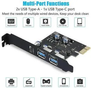 JAENFONG USB PCIE Card 18W Power Delivery, PCI Express 3 Port (Type C, 2 X Type A) PCIe USB 3.0 Fast Charging Card Expansion Card