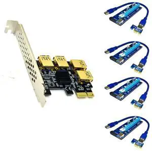 JAENFONG PCI-E 1x to 16x Riser Card PCI-Express 1 to 4 Slot PCIe USB3.0 Adapter Port Multiplier Miner Card for BTC Bitcoin Miner Mining (4*sata Cables)