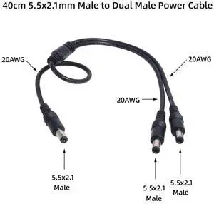 JAENFONG 5.5mm*2.1mm 1 Male to 2 Male Connector Male to Male Plug DC Power Splitter Cable CCTV LED Strip Light Power Supply Adapter