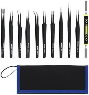 JAENFONG 10x Industrial Precision ESD Tweezers Anti-Static Stainless Steel for Electronics Tools, Jewelry, Computer, Laboratory Work, Crafts and Hobbies etc. Incl. Spatula and Case